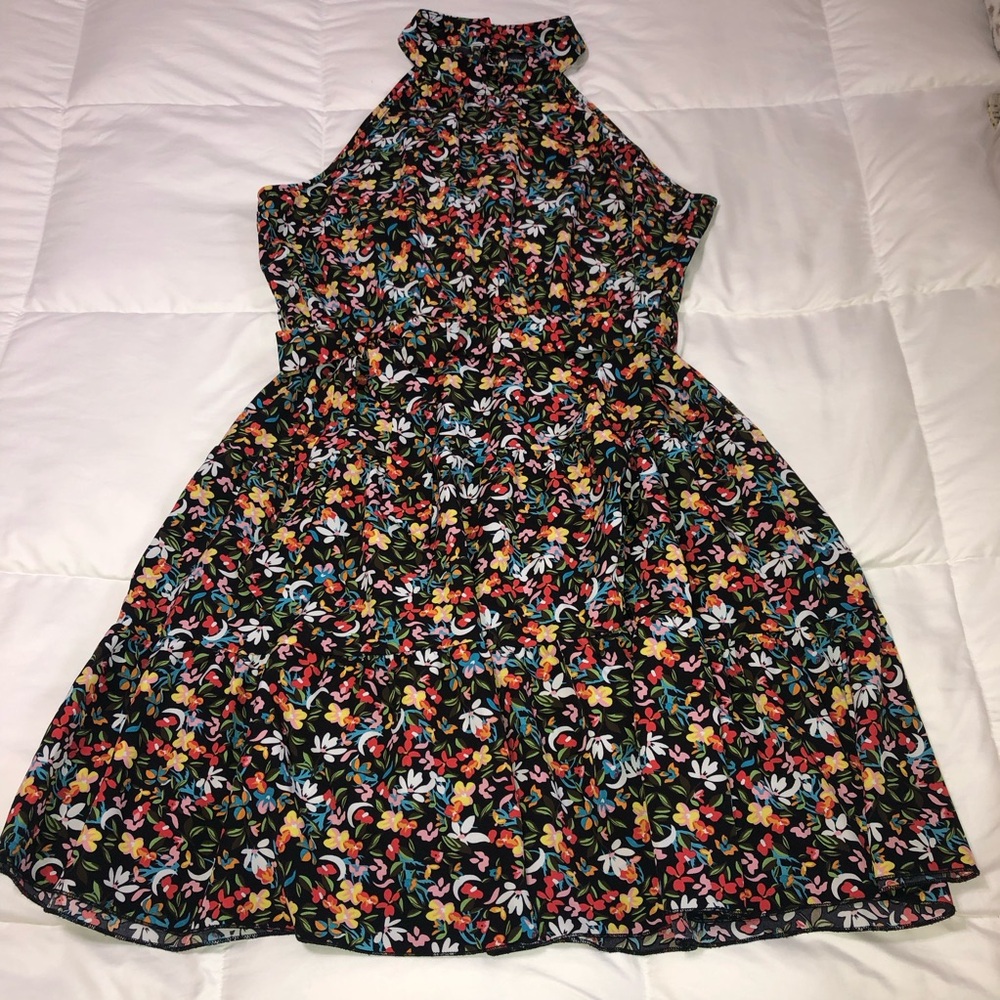 Floral Halter Neck A-Line Dress - Black Multi